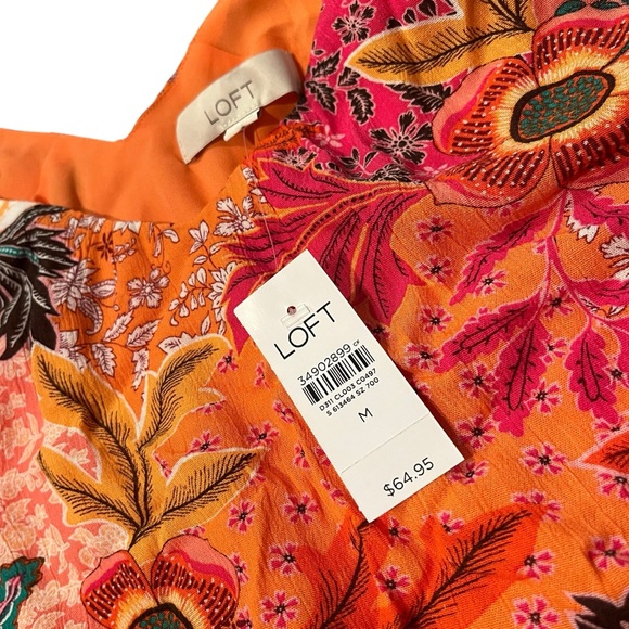 LOFT Women Medium‎ Coral Orange Pink Floral Tropical Vacation Summer Blouse Top - Picture 5 of 11